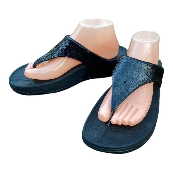 FitFlop Lulu Thong Wedge Sandals US10 Black Sequin Microwobbleboard EU42 - Picture 1 of 11